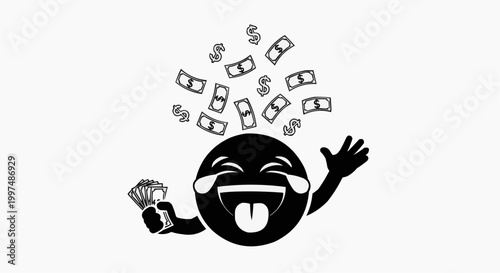Laughing Emoji Character Holding Cash with Falling Money