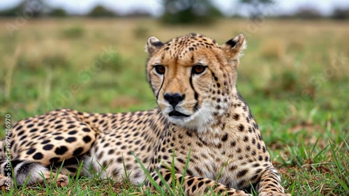 Majestic African cheetah resting on grass, wild feline, predator looking at camera, savannah wildlife, beautiful spotted fur, nature