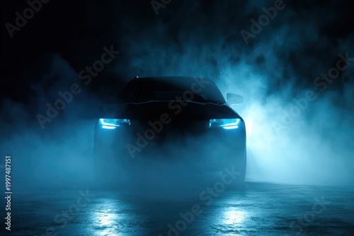 Sleek electric car silhouette in the night