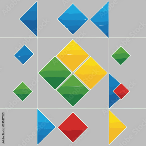 Multicolored geometric shapes with gradient fills are arranged in a pattern on a plain grey background for artistic design