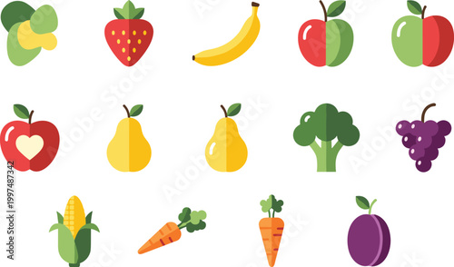 Healthy Fruits and Vegetables Vector Set with Apple Banana Strawberry Carrot Broccoli and Organic Food Elements for Nutrition Design, Grocery, and Diet Illustration Projects.