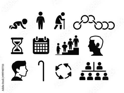 Aging process and life stages baby adult elderly timeline hourglass calendar life cycle vector illustration concept