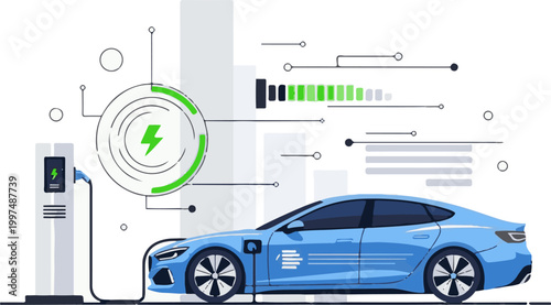 Sleek blue electric vehicle charging at a modern public station, illustrating sustainable energy technology and an eco-friendly future transportation concept.