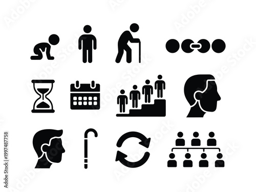 Aging process and life stages baby adult elderly timeline growth chart hourglass calendar vector illustration concept