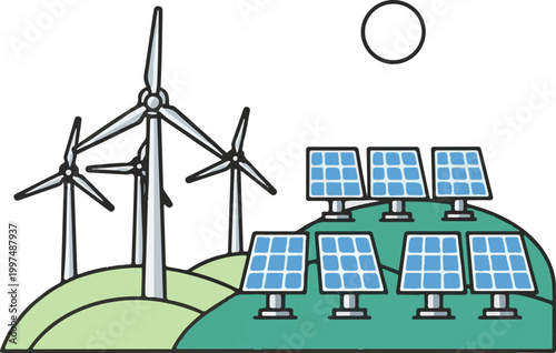 Illustration showcasing a sustainable future with clean energy production from wind turbines and solar panels under a clear sky.