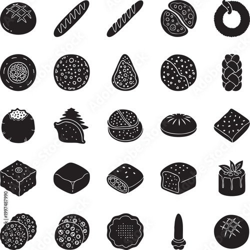 Sweet and Savory Bakery Icons A Diverse Compilation of Pastries, Breads, and Desserts for Culinary Themes