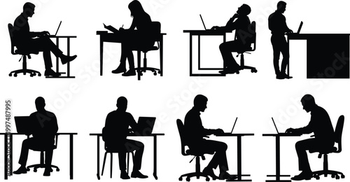 Business people silhouettes working on laptops at desks showing office productivity, remote work and professional corporate workspace isolated on white background