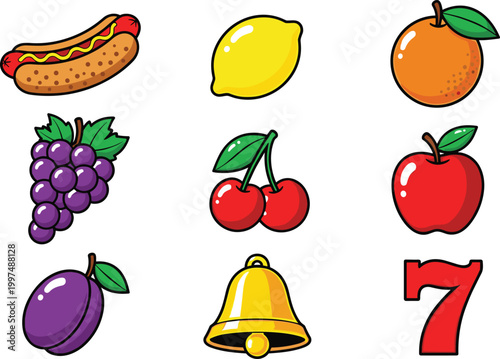 Colorful Fruit and Food Icon Vector Set with Apple Cherry Grape Lemon Orange and Fun Symbols for Healthy Eating Design, Stickers, and Educational Projects.