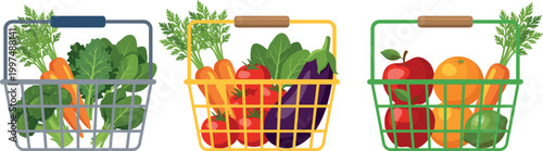 Illustration of Vegetable and Fruit Baskets Featuring Fresh Produce like Carrots, Tomatoes, and Apples for Grocery, Healthy Eating, and Fresh Food Design Projects