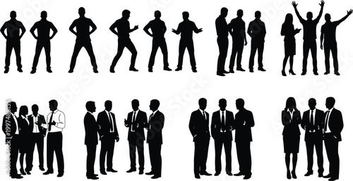 Business people silhouettes collection showing team communication, discussion, leadership and collaboration in corporate workplace isolated on white background