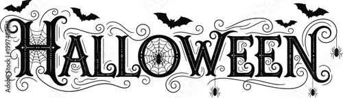 halloween text with decorative bats and spiderwebs