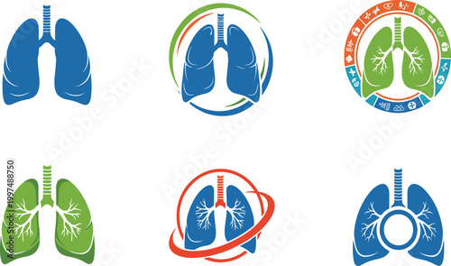 Human Lung Logo and Icon Vector Set with Modern Respiratory Health Symbols for Medical Branding, Healthcare Design, Clinic Identity, and Awareness Campaign Projects.