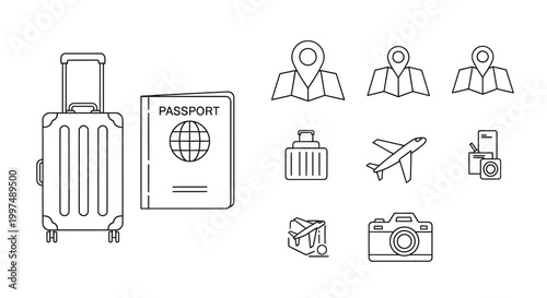 Travel and tourism icon set with suitcase and passport