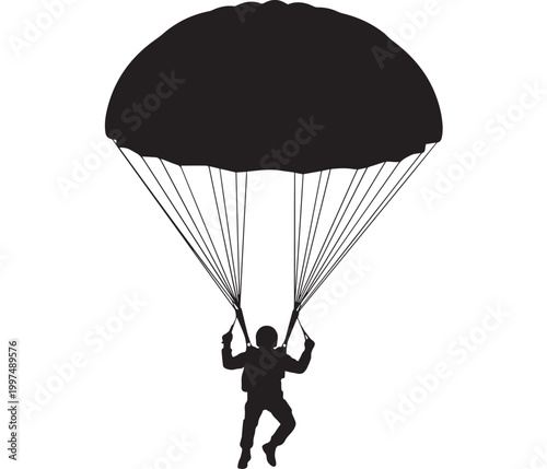 Parachuter Descending Silhouette Isolated on White