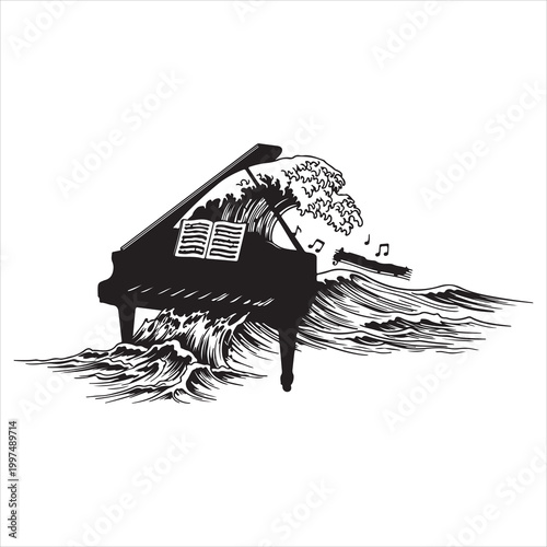 Musical crescendo of a grand piano caught in an overwhelming ocean wave, illustrating the powerful blend of artistic spirit and natural forces