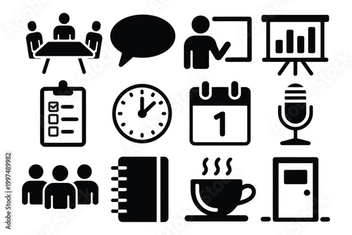 Brutalist meeting icons agenda silhouette set with conference table speech bubble presenter projector checklist clock calendar microphone