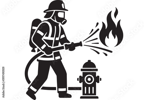 Firefighter Spraying Water on Fire Next to Hydrant