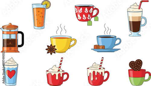 Cozy Hot and Cold Beverage Vector Set with Coffee Tea Milkshake and Juice Cups for Café Menu Design, Winter Drinks, and Sweet Dessert Illustrations.
