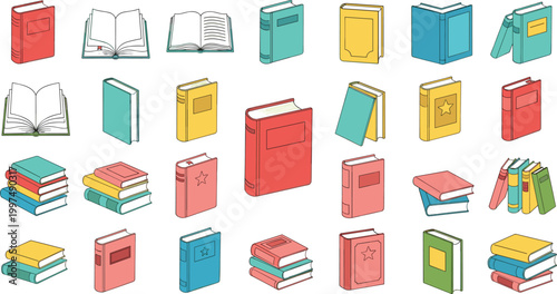 Colorful Book and Reading Icons Featuring Hardcover, Paperback, Open Books, and Stacked Designs in Minimalist Line Art Style