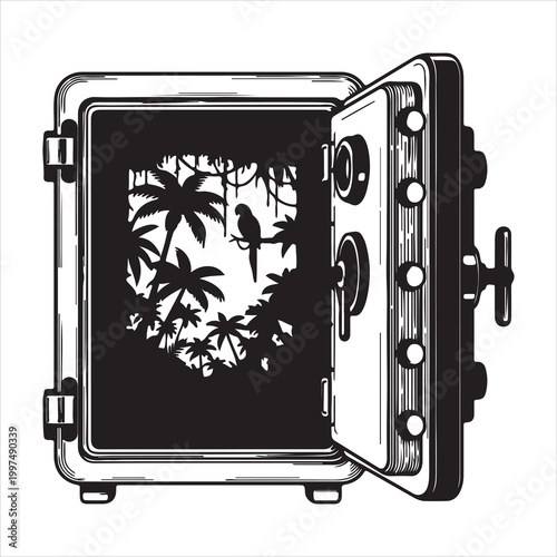 Mysterious illustration of an open strongbox revealing a vibrant tropical jungle with palm trees and a parrot, symbolizing a secret natural paradise
