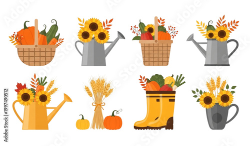 Autumn flat vector set with baskets watering cans and boots filled with sunflowers vegetables and wheat