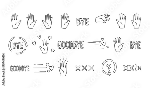 Goodbye hand drawn doodle icon set with waving hands farewell symbols and cute elements