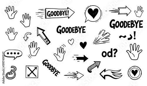 Hand drawn goodbye doodle icons with waving hands farewell text and expressive cartoon elements