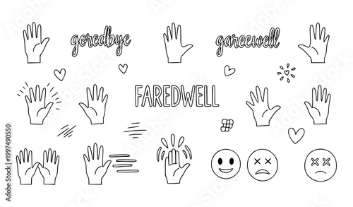 Minimal hand drawn goodbye icon vector set with waving hands farewell symbols and doodle elements