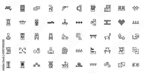 Arcade icon set. Vector game icons collection. Featuring pinball, slot machine, poker, karaoke, racing, basketball, shooter, joystick and more. Editable stroke.