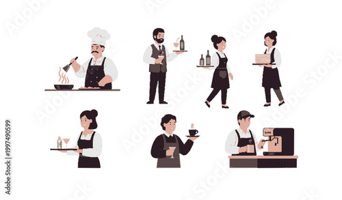 Restaurant and cafe staff characters with chef waiter waitress and barista in action poses flat vector set