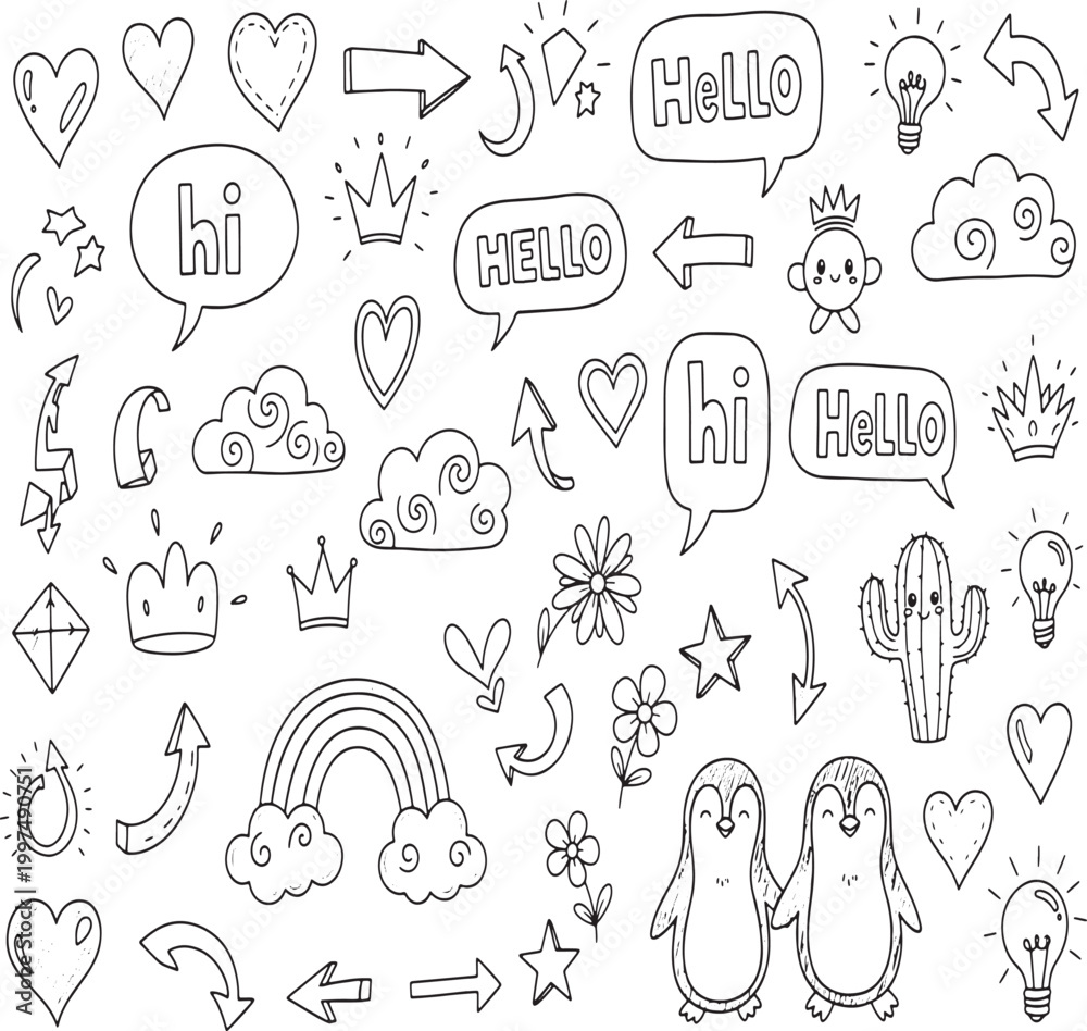 Obraz premium Whimsical Doodle Art: An assortment of playful hand-drawn elements, perfect for adding a touch of charm to your designs. 