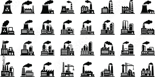 Large Collection of Industrial Factory Icons and Power Plant Vector Silhouettes Representing Manufacturing Energy Production and Heavy Industry Infrastructure for Business Design