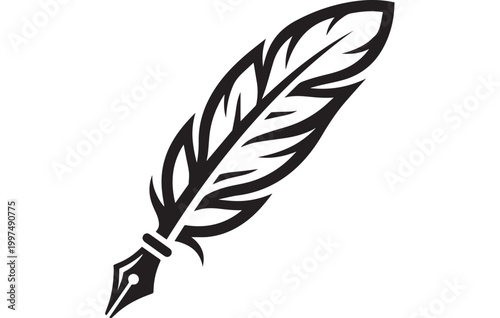 Black Feather Quill Pen on White Background