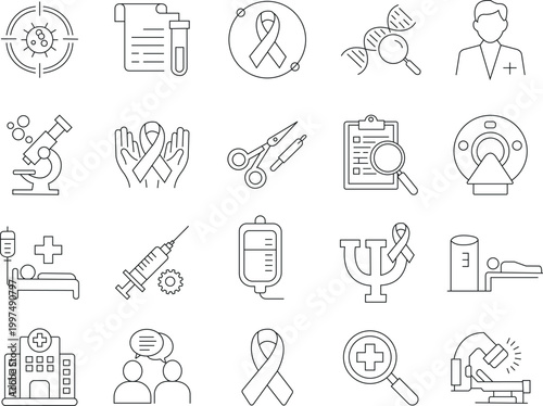 Cancer treatment line art icon set. Editable stock vector illustration.