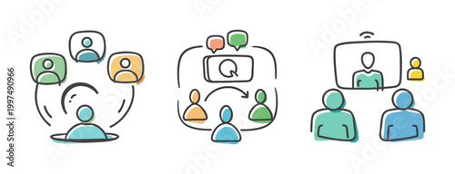 Remote meeting icons showing collaboration, communication, and video conferencing with people.