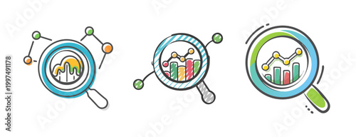 Hand drawn magnifying glass analyzing business data charts and graphs