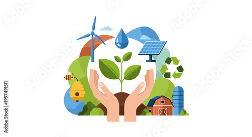 Hands Protecting Green Plant with Sustainable Energy & Agriculture Elements: Eco-Friendly Future Concept