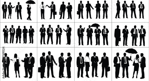 Large Collection of Professional Business People Silhouettes in Various Poses Including Meetings Networking Walking and Holding Umbrellas for Corporate Communication Projects