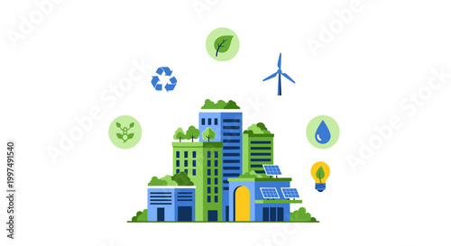 Sustainable Smart City Concept with Green Buildings, Renewable Energy, and Eco-Friendly Icons Illustration