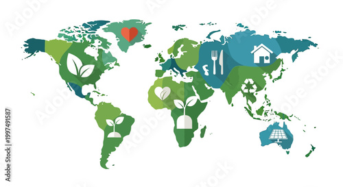 Global Sustainability Concept: World Map with Eco-Friendly Icons for Environment, Food, Energy, Health, & Home