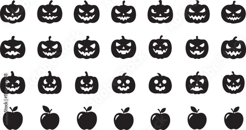 A collection of black silhouette carved pumpkin faces and apples isolated on a white background