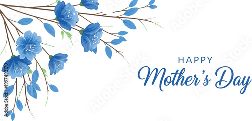 Beautiful blue floral branches with leaves and the words Happy Mothers Day isolated on transparent background