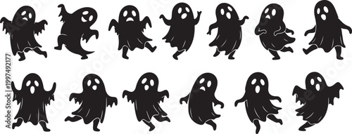 Collection of black silhouette ghosts in various playful poses isolated on a transparent background for Halloween