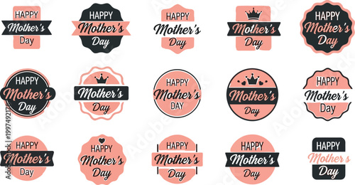 Collection of cheerful pink and dark grey happy mothers day celebration badges and labels isolated on white