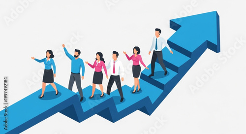Diverse team of professionals climbing up a blue arrow graph representing growth and success.