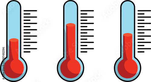 Three glass thermometers with red liquid at different levels showing temperature rise climate change global warming or medical fever icons