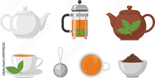 Set of Tea Brewing Equipment and Accessories Icons Featuring Teapots, French Press, Ceramic Cups, Green Tea Leaves, Strainer, and Loose Leaf Bowl