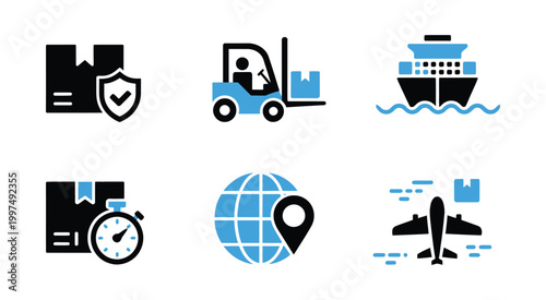 Business logistics travel icons flat design glyph solid blue editable icon set transport and shipping vector illustration