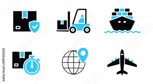 Business logistics travel icons flat design glyph solid blue editable icon set vector illustration