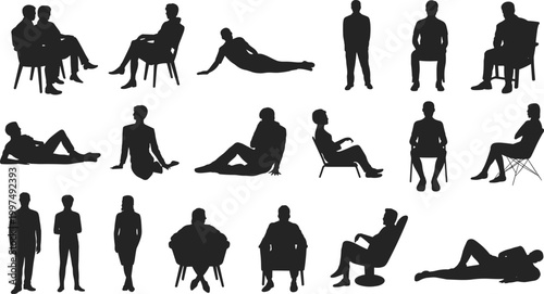 Black silhouettes of people in various yoga poses and exercises on white background fitness